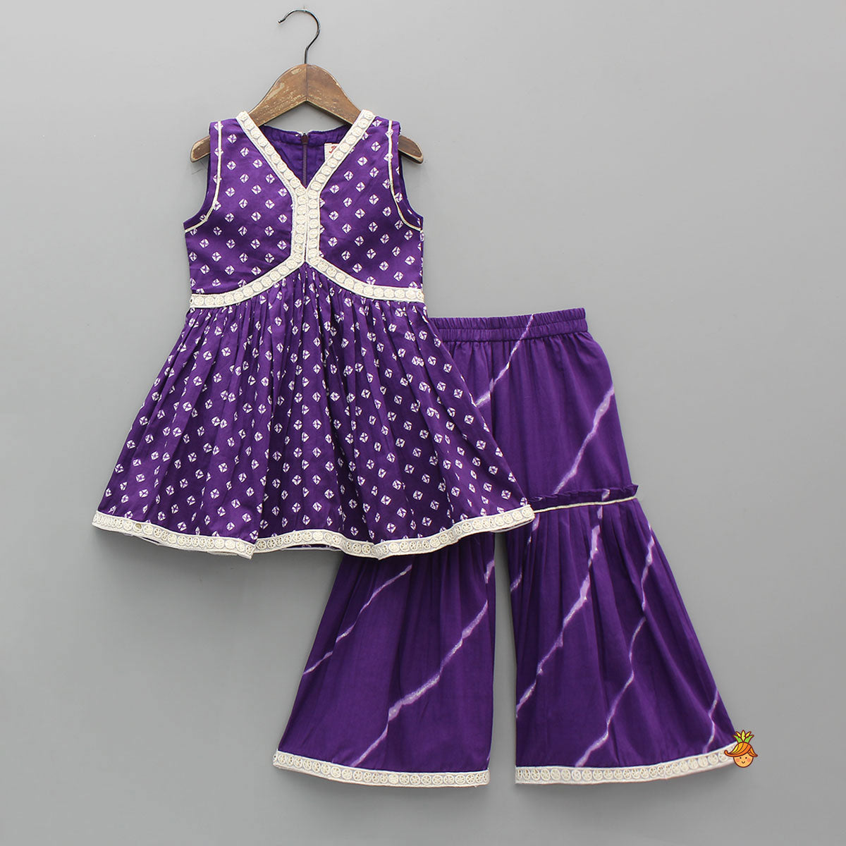 Bandhani Printed Ethnic Kurti With Leheriya Sharara And Matching Dupatta