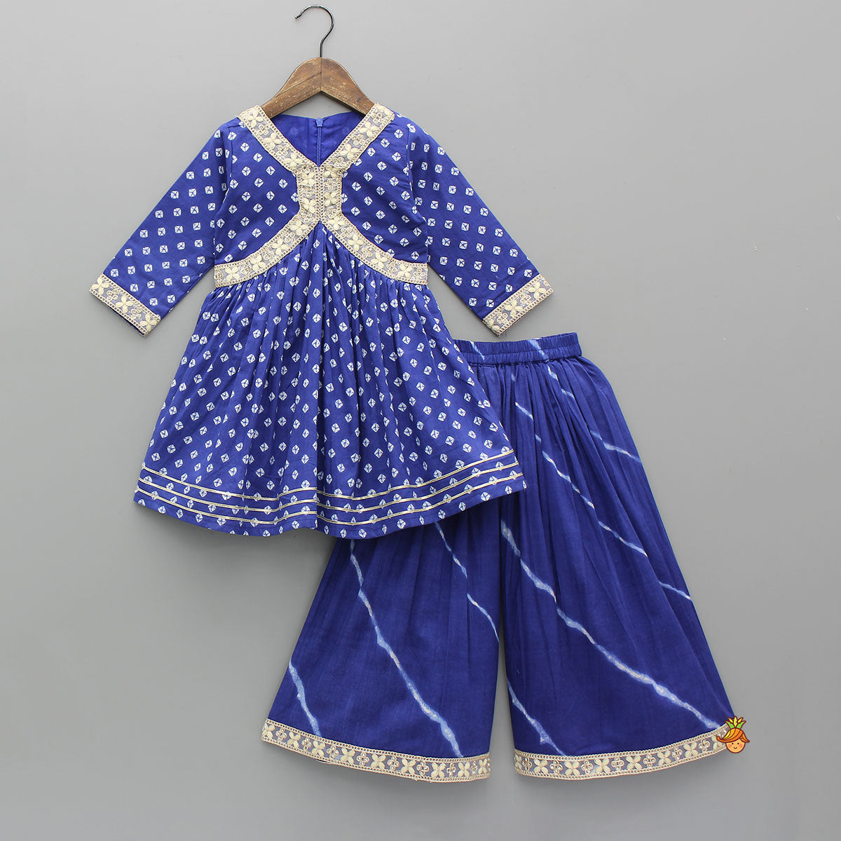Bandhani Printed Kurti With Leheriya Sharara And Matching Dupatta