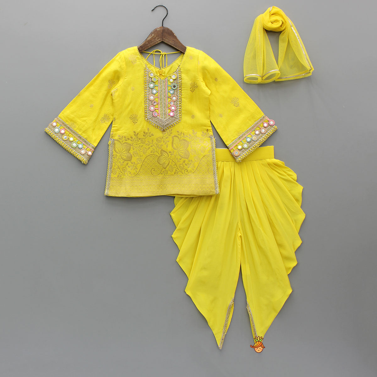 Faux Mirror Embellished Stylish Kurti With Dhoti And Dupatta