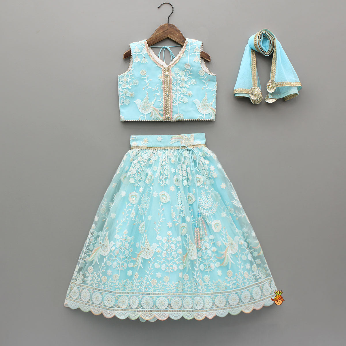 Floral And Bird Embroidered Top With Matching Lehenga And Dupatta