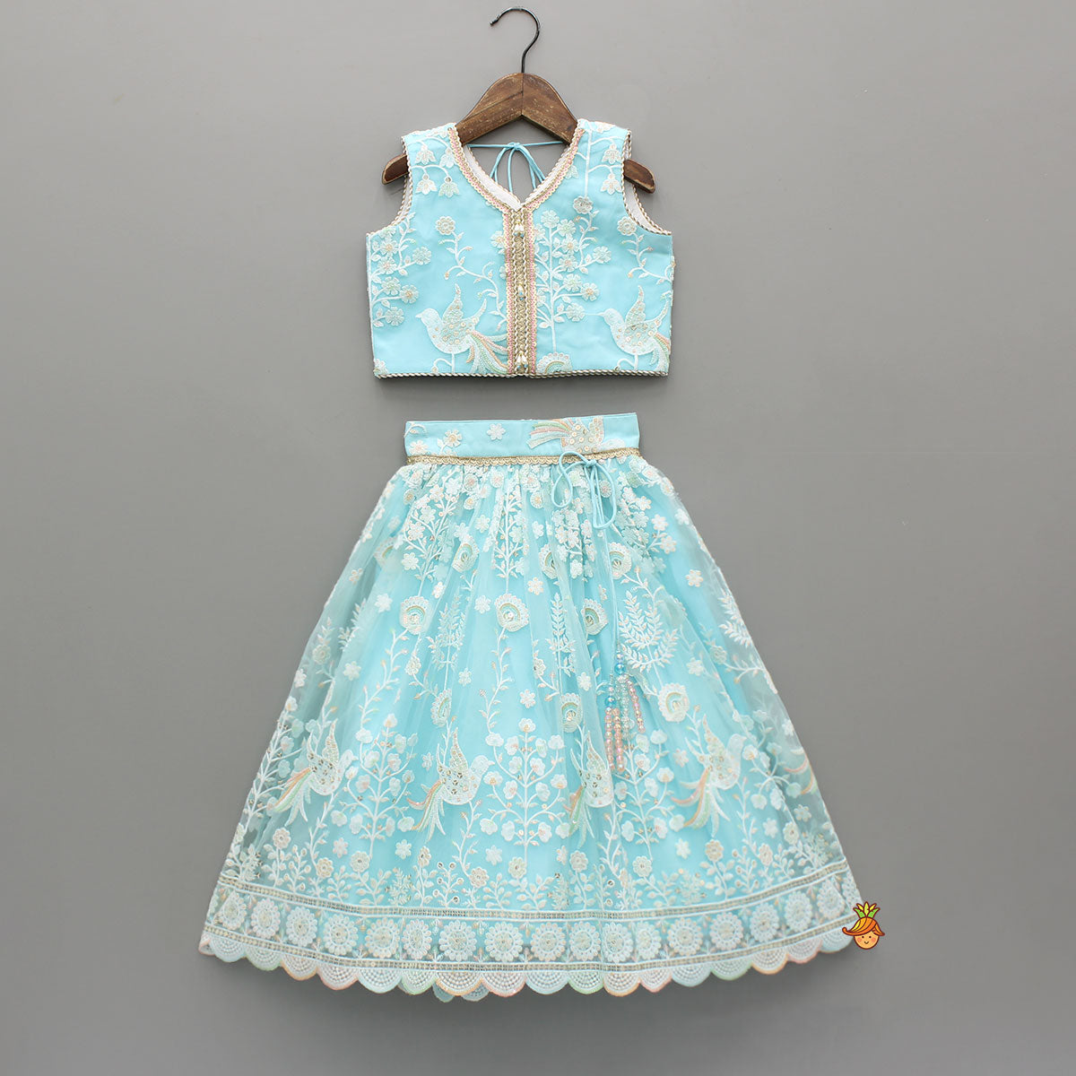 Floral And Bird Embroidered Top With Matching Lehenga And Dupatta