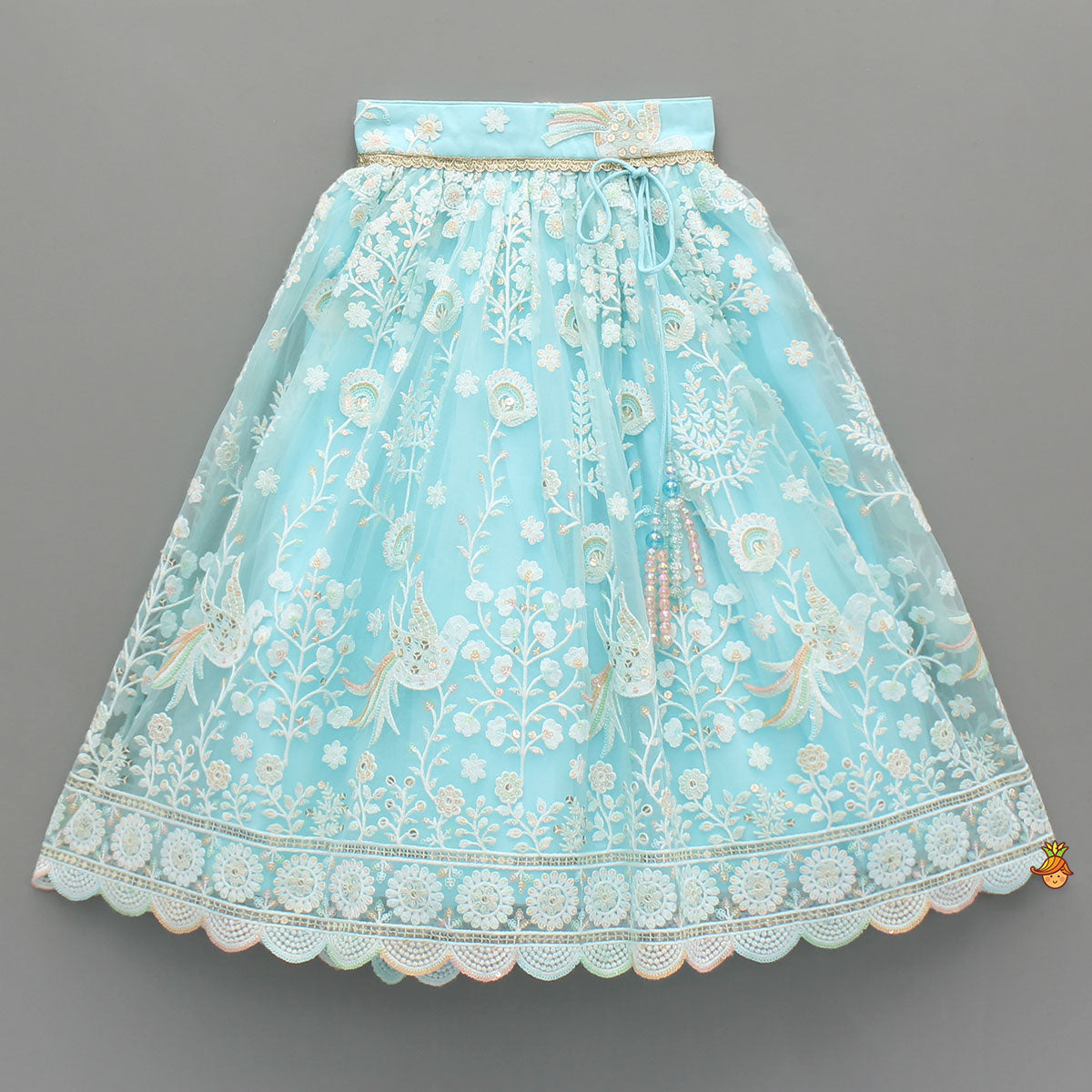 Floral And Bird Embroidered Top With Matching Lehenga And Dupatta