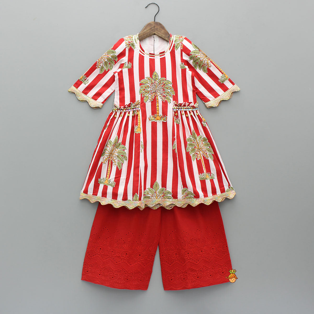 Red Striped Printed Embellished Kurti With Palazzo