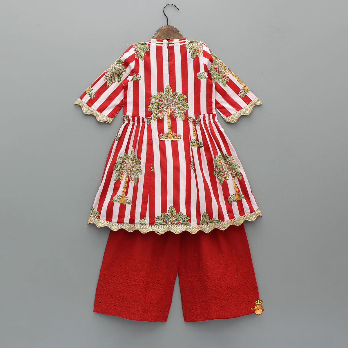 Red Striped Printed Embellished Kurti With Palazzo