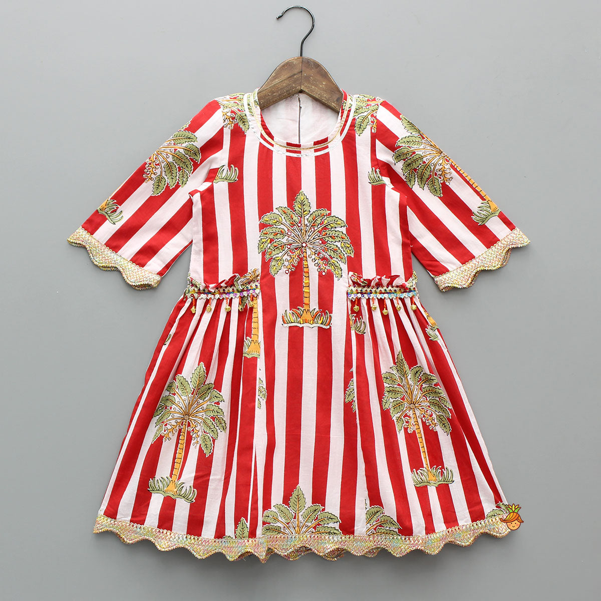 Red Striped Printed Embellished Kurti With Palazzo