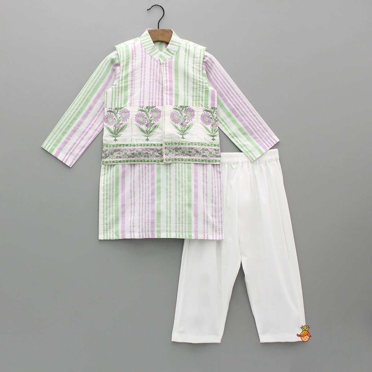 Stripes Printed Kurta With Floral Printed Jacket And Pyjama