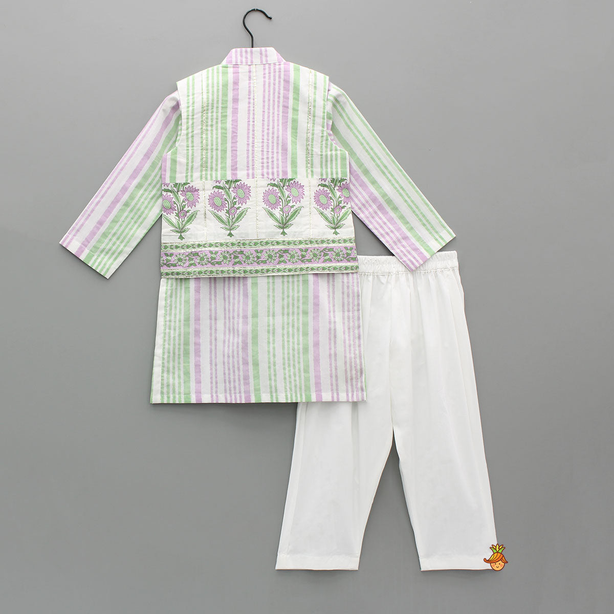 Stripes Printed Kurta With Floral Printed Jacket And Pyjama
