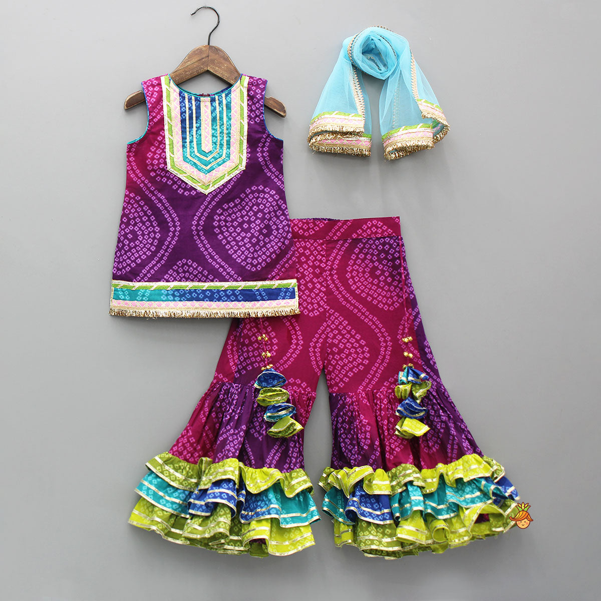 Bandhani Printed Lace Detailed Kurti With Sharara And Dupatta