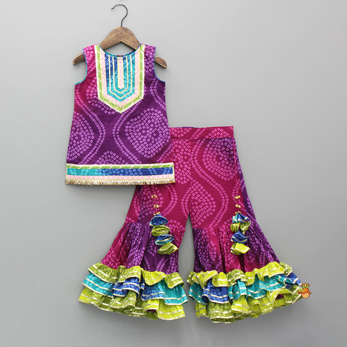 Bandhani Printed Lace Detailed Kurti With Sharara And Dupatta
