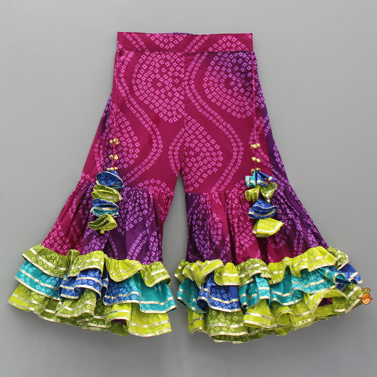 Bandhani Printed Lace Detailed Kurti With Sharara And Dupatta