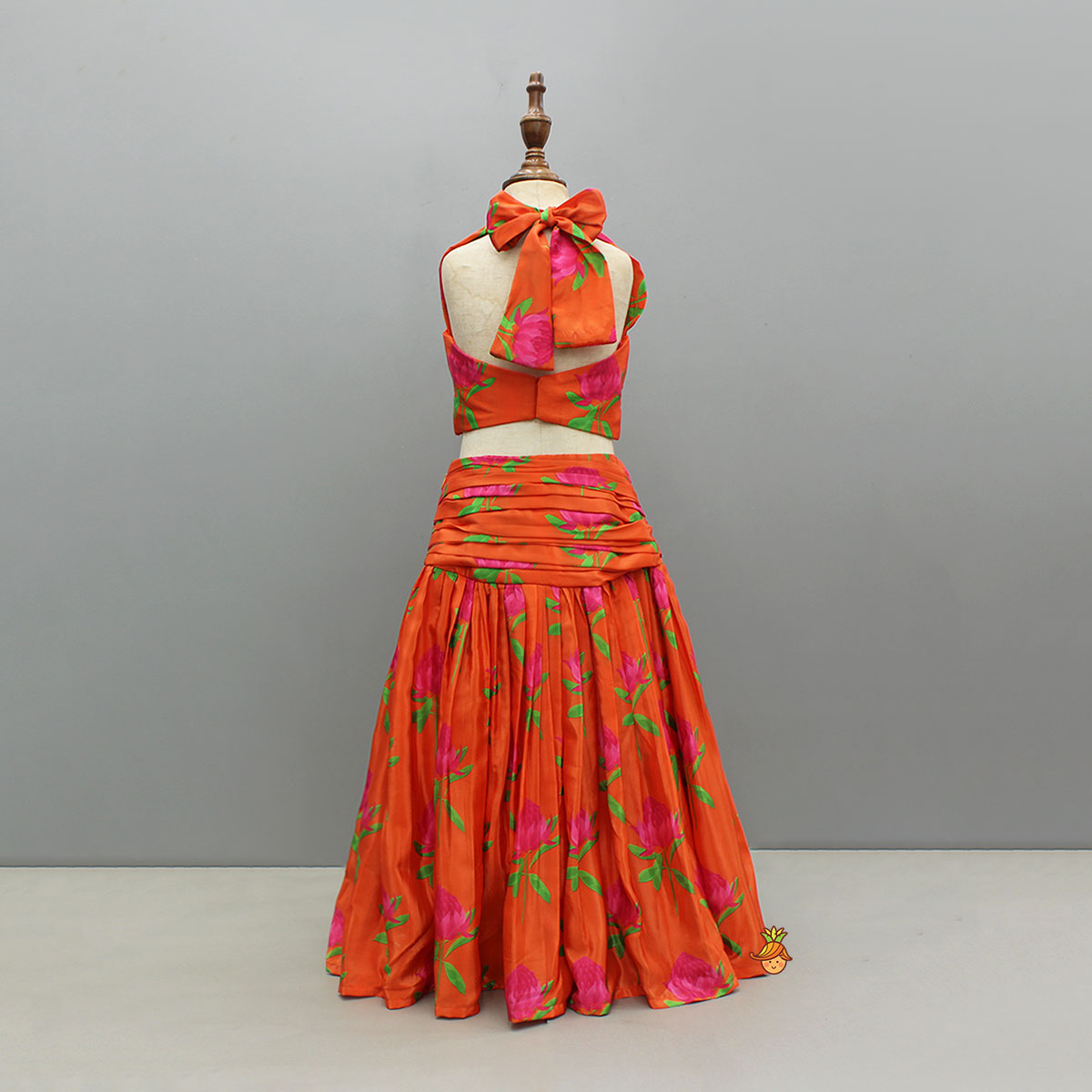 Stylish Drape-Detail Floral Printed Top And Lehenga