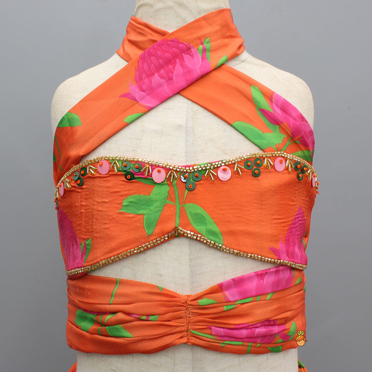 Stylish Drape-Detail Floral Printed Top And Lehenga