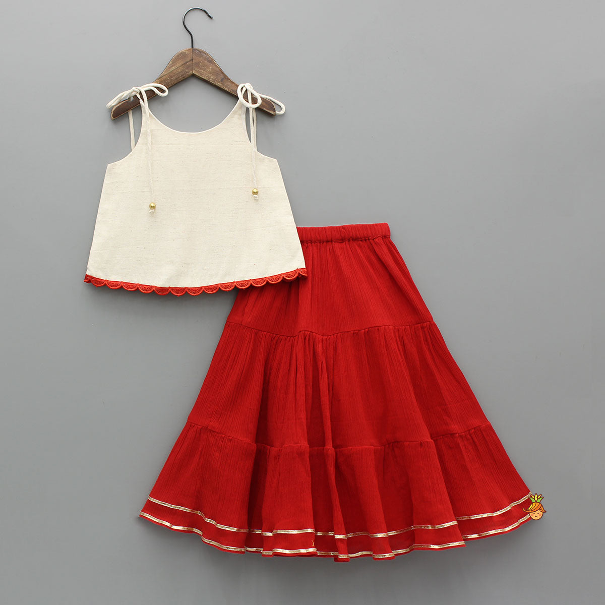 Tie Up Strappy Embroidered Top With Tiered Lehenga