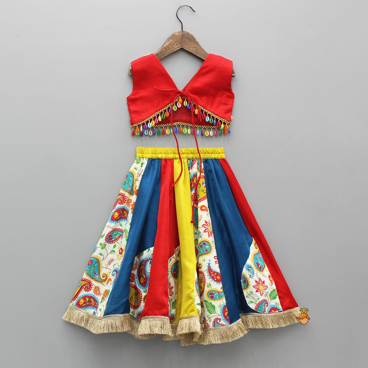 Vibrant Cowrie Shells Adorned Top With Multicolour Lehenga And Dupatta