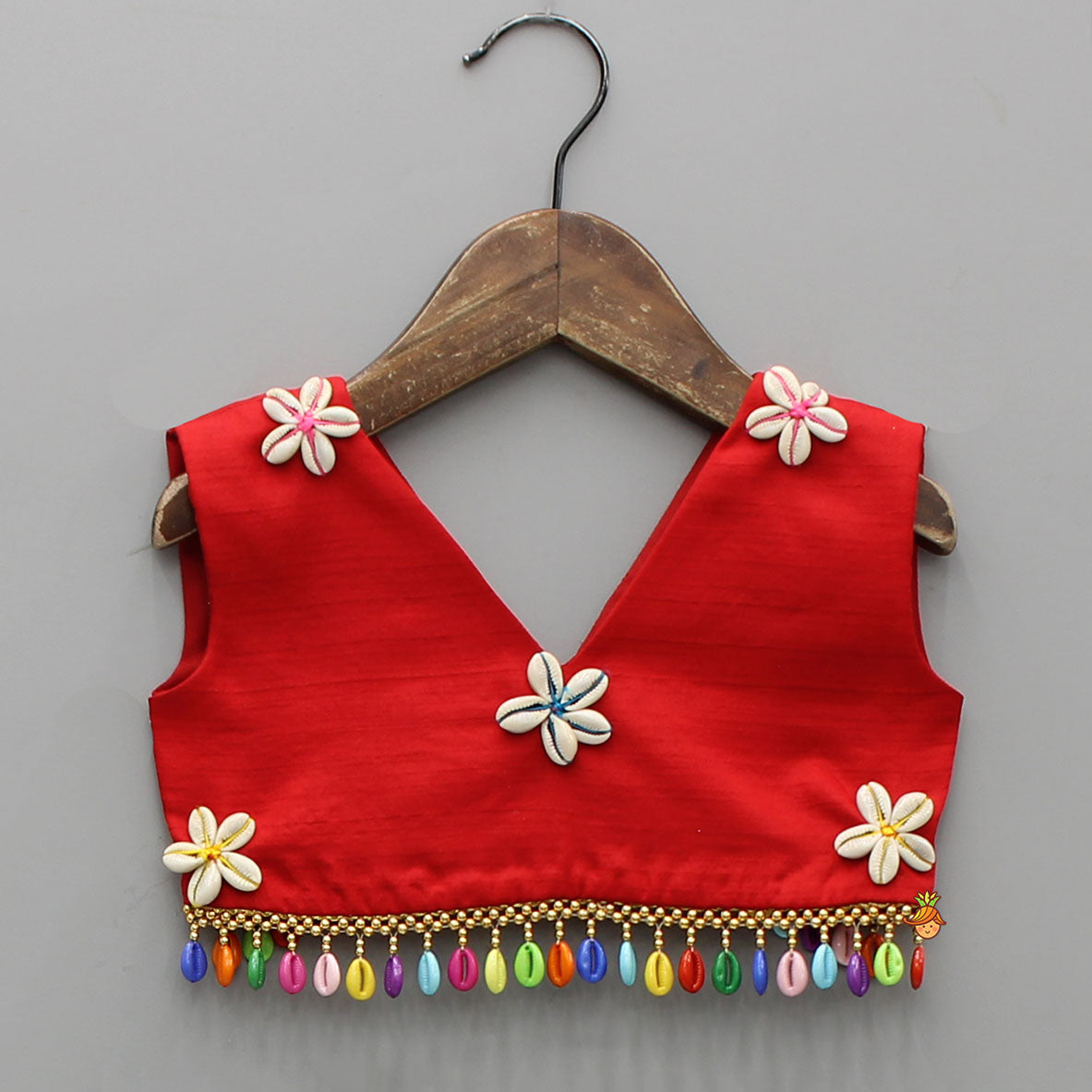 Vibrant Cowrie Shells Adorned Top With Multicolour Lehenga And Dupatta