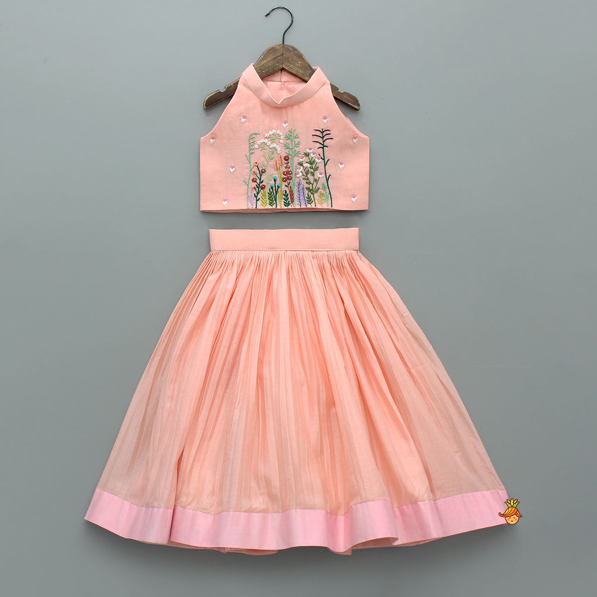 Halter Neck Floral Embroidered Peach Top With Pleat Detailed Lehenga