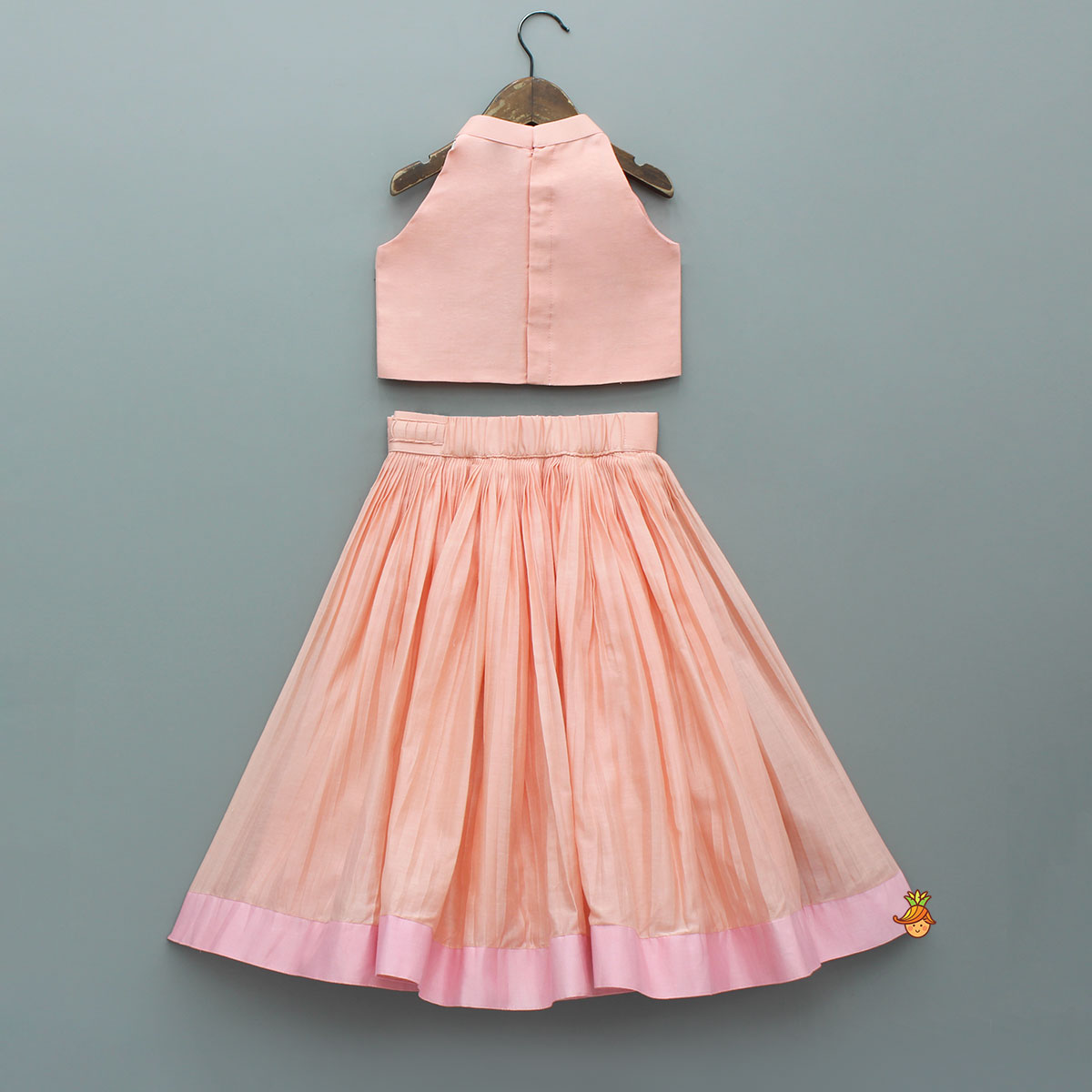 Halter Neck Floral Embroidered Peach Top With Pleat Detailed Lehenga