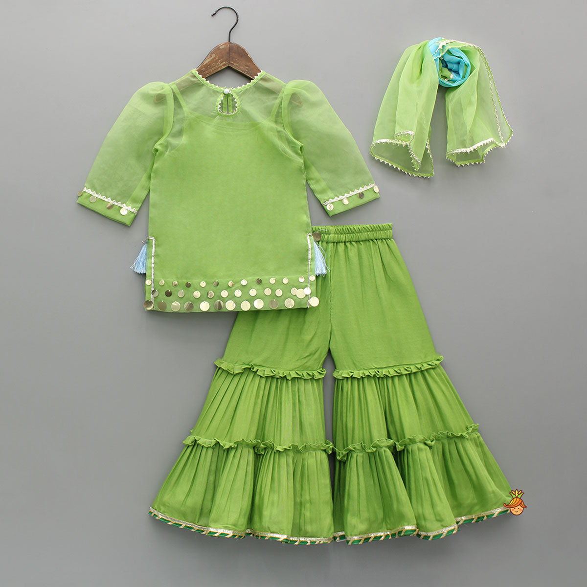 Ethnic Strappy Top With Embellished Kurti And Ruffled Sharara With Dupatta