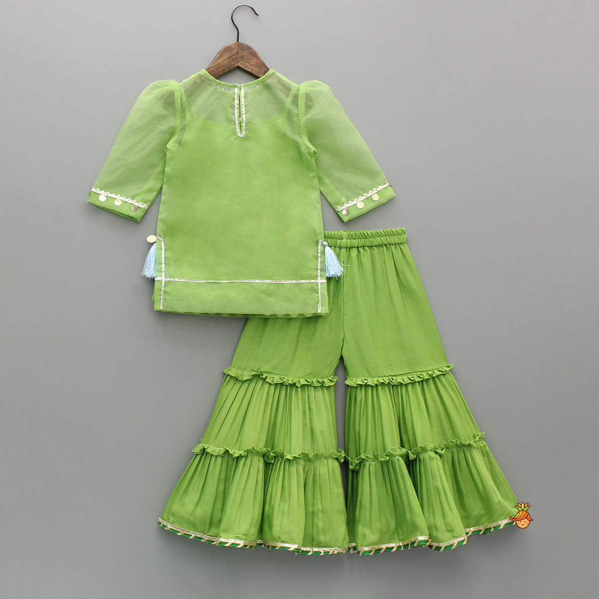 Ethnic Strappy Top With Embellished Kurti And Ruffled Sharara With Dupatta