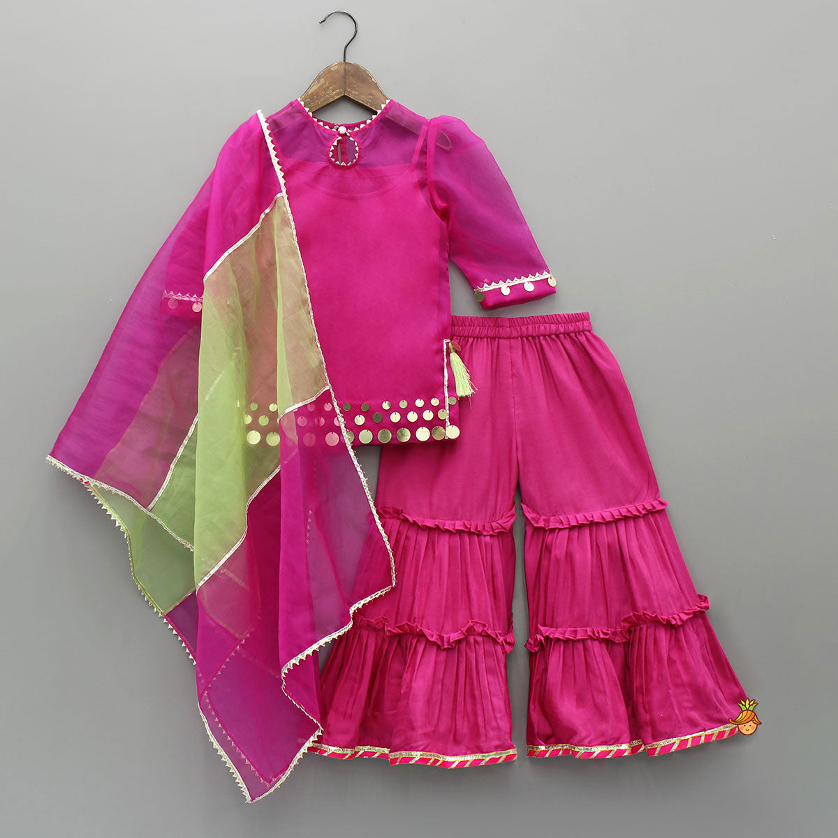 Elegant Strappy Top With Embellished Pink Kurti And Ruffled Sharara With Dupatta