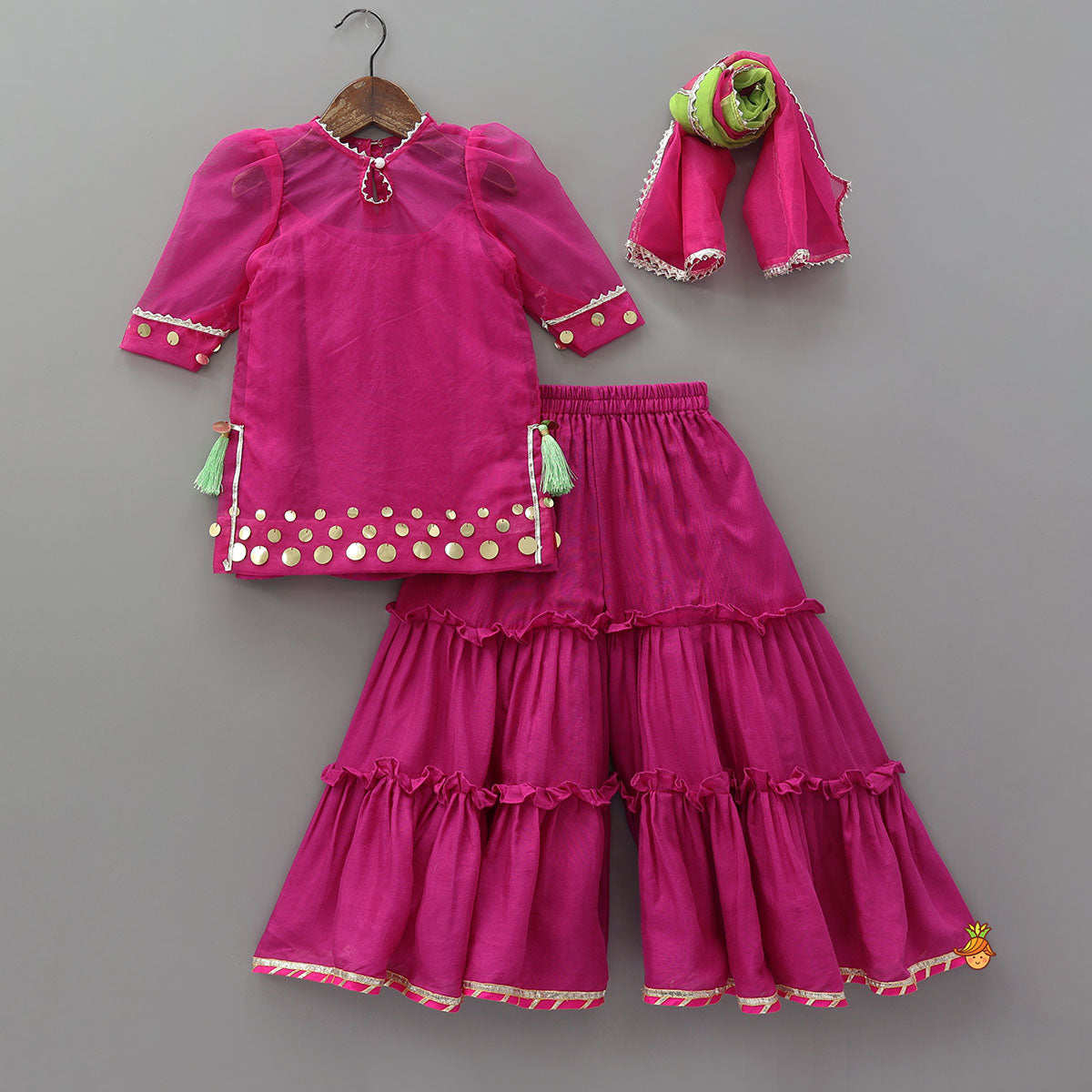 Elegant Strappy Top With Kurti And Ruffled Sharara With Dupatta