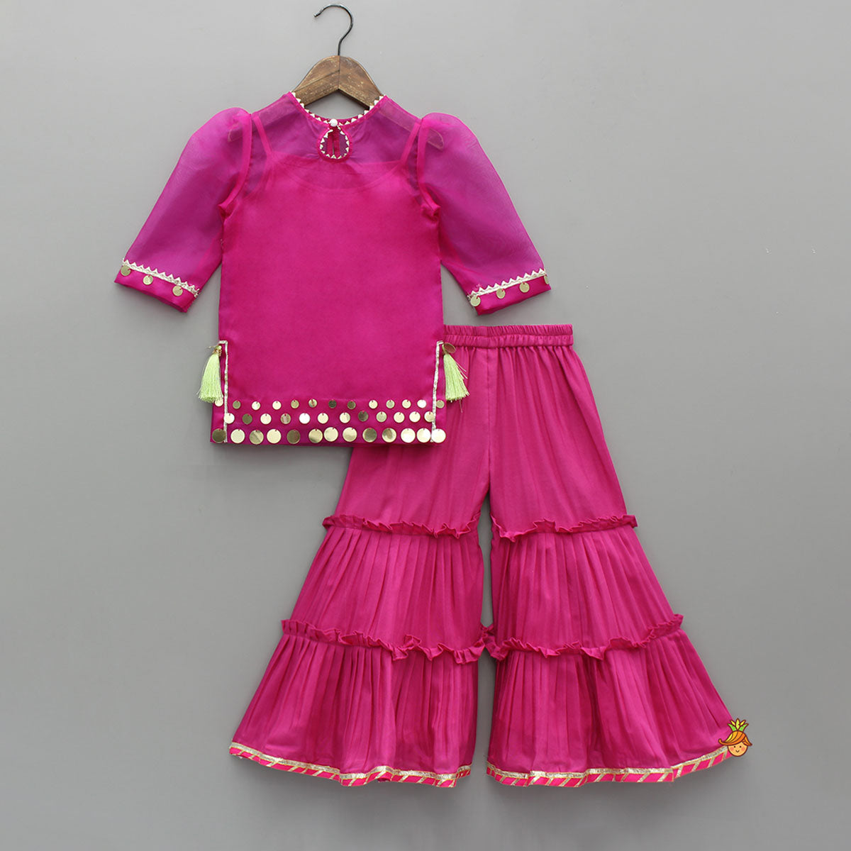Elegant Strappy Top With Embellished Pink Kurti And Ruffled Sharara With Dupatta