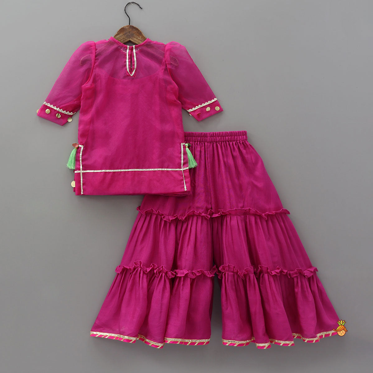 Elegant Strappy Top With Kurti And Ruffled Sharara With Dupatta