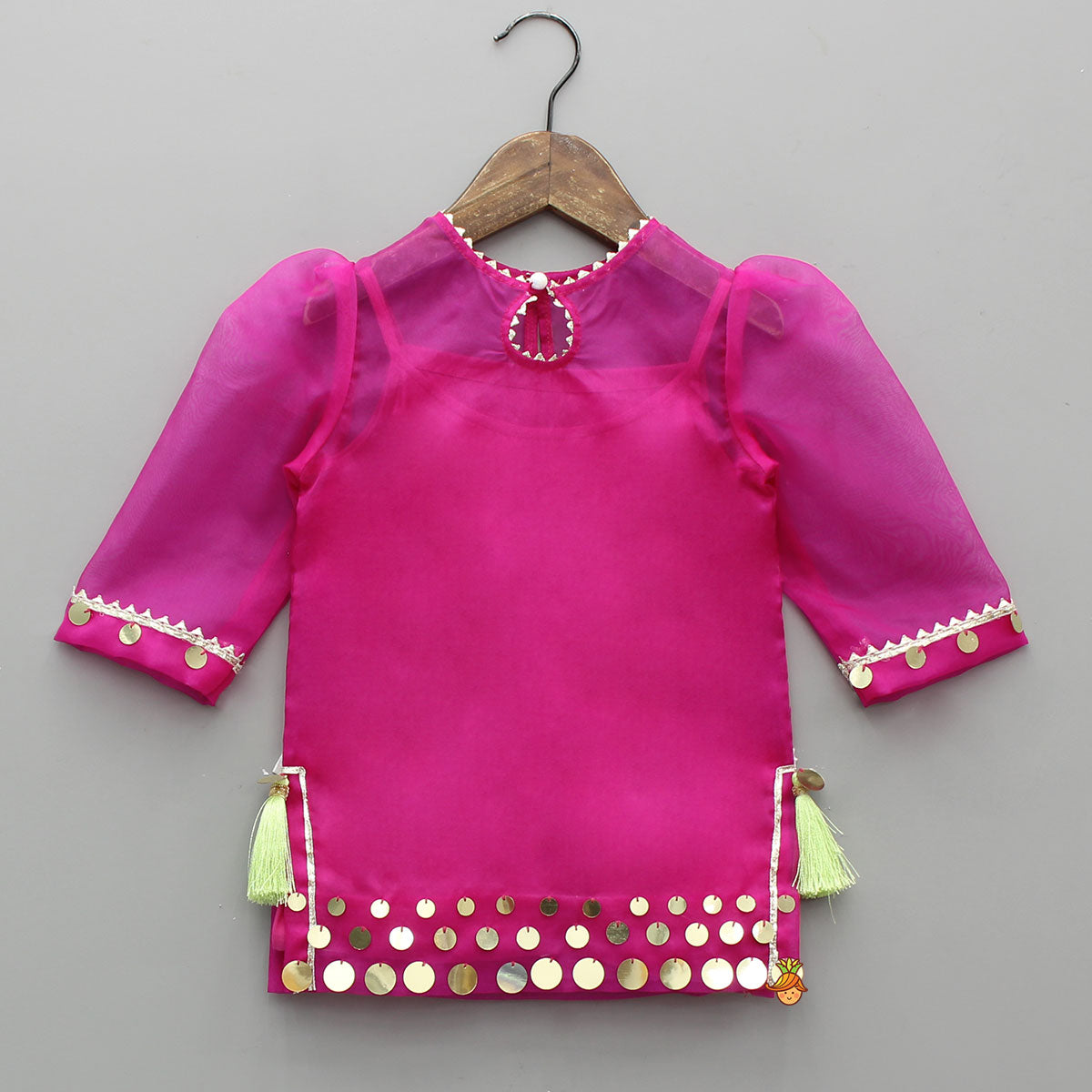 Elegant Strappy Top With Embellished Pink Kurti And Ruffled Sharara With Dupatta