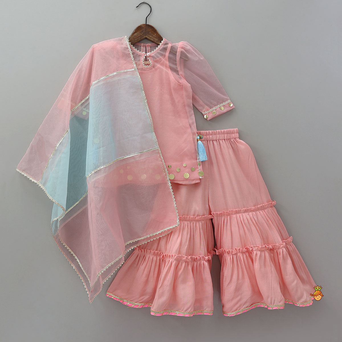 Elegant Strappy Top With Embellished Kurti And Ruffled Sharara With Dupatta