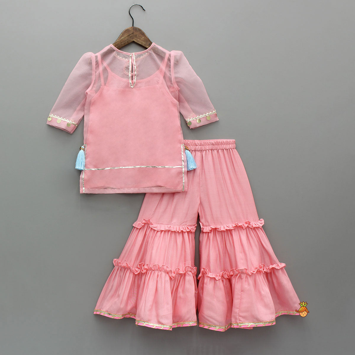 Elegant Strappy Top With Embellished Kurti And Ruffled Sharara With Dupatta