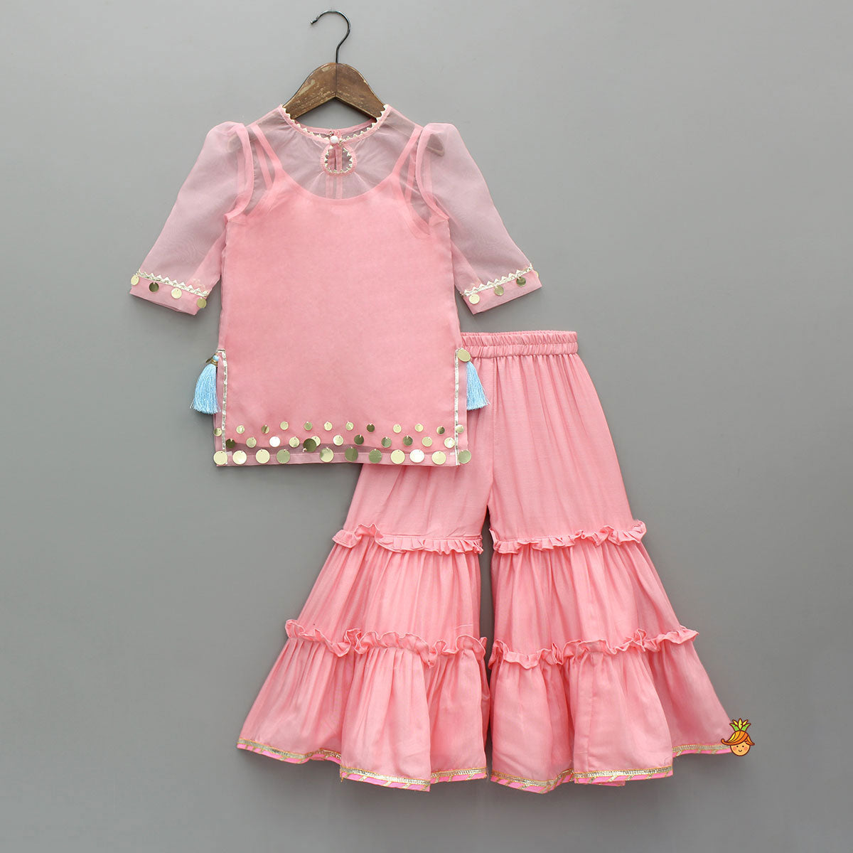 Elegant Strappy Top With Embellished Kurti And Ruffled Sharara With Dupatta