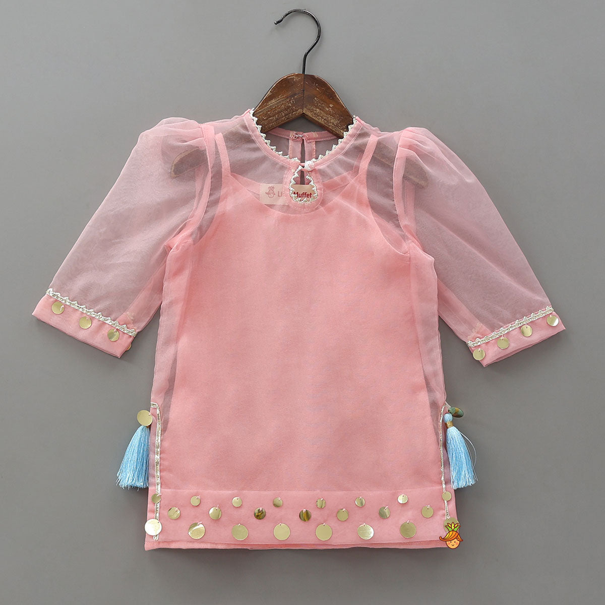 Elegant Strappy Top With Embellished Kurti And Ruffled Sharara With Dupatta