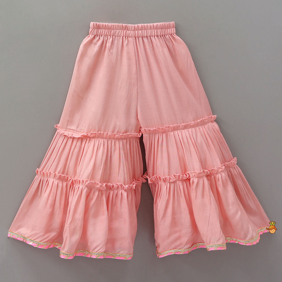 Elegant Strappy Top With Embellished Kurti And Ruffled Sharara With Dupatta