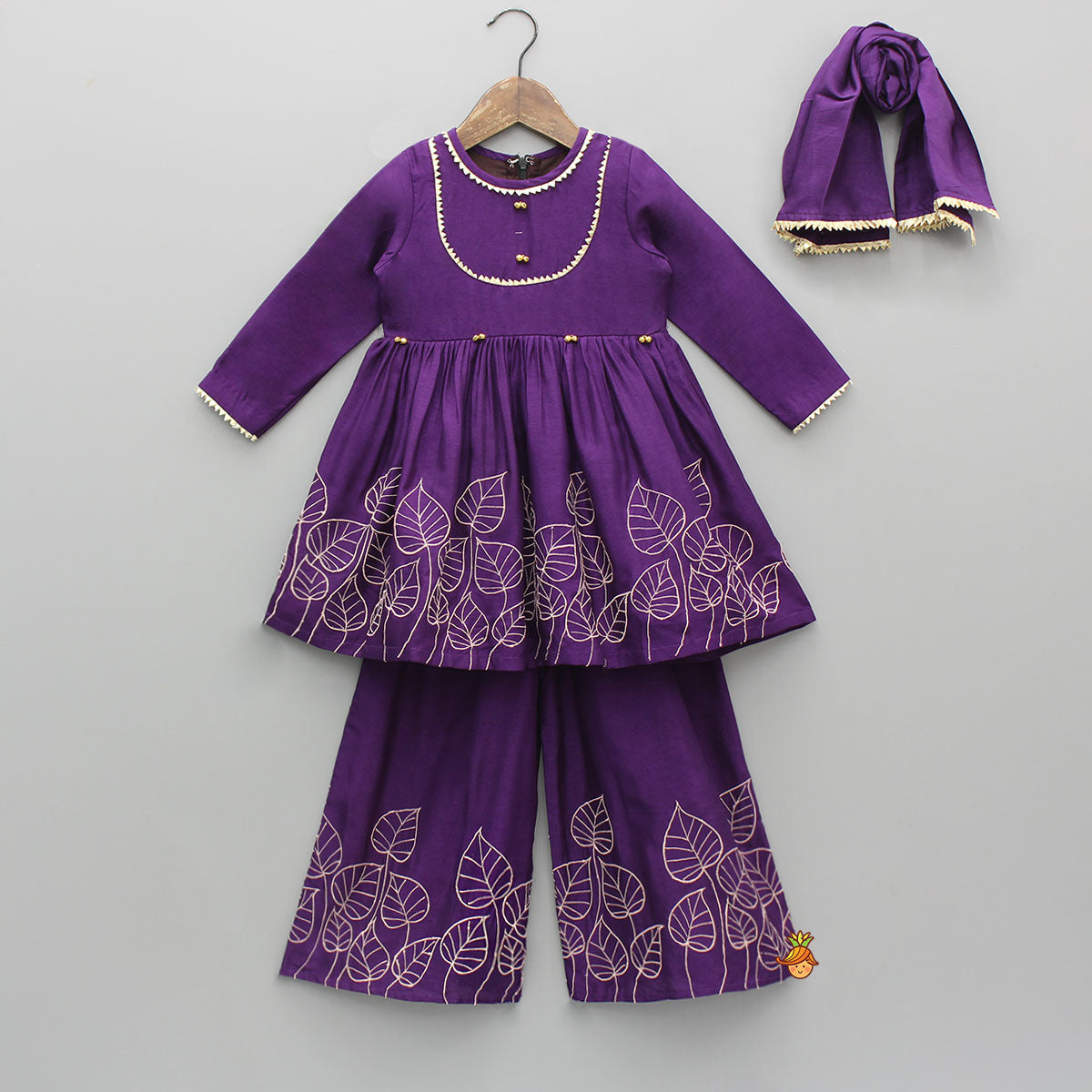 Leaf Embroidered Kurti With Matching Embroidered Palazzo And Dupatta