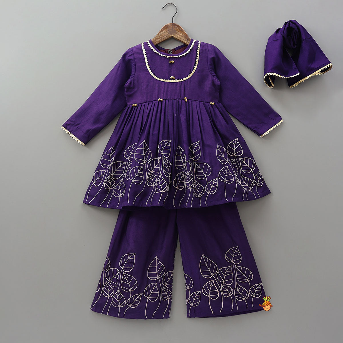 Leaf Embroidered Kurti With Matching Embroidered Palazzo And Dupatta