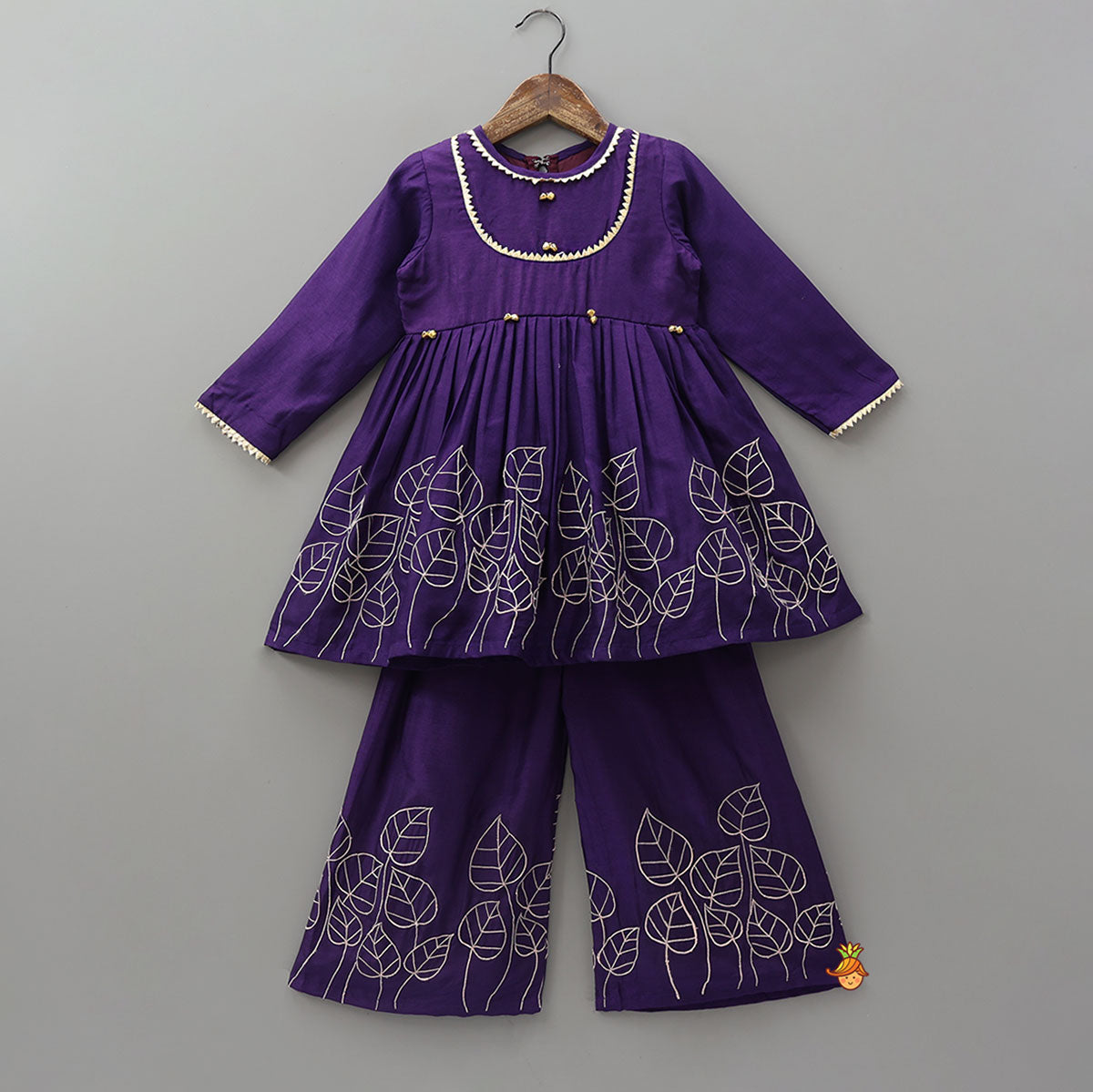 Leaf Embroidered Kurti With Matching Embroidered Palazzo And Dupatta