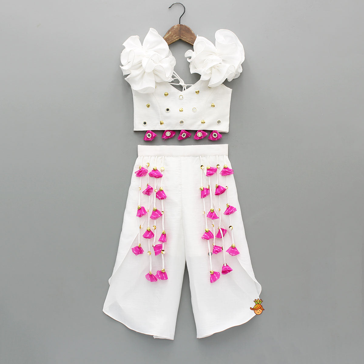 Ruffle Detailed Embellished Top With Tassel Adorned Palazzo