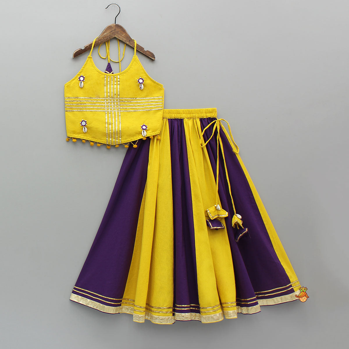Mirror Work Halter Neck Top And Colour-Block Lehenga