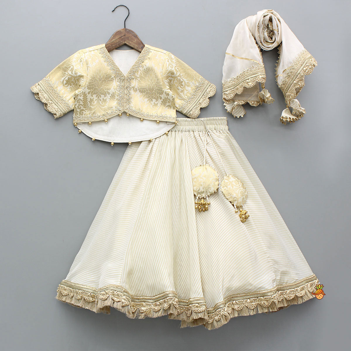 Brocade High-Low Top And Lehenga With Gota Lace Work Dupatta