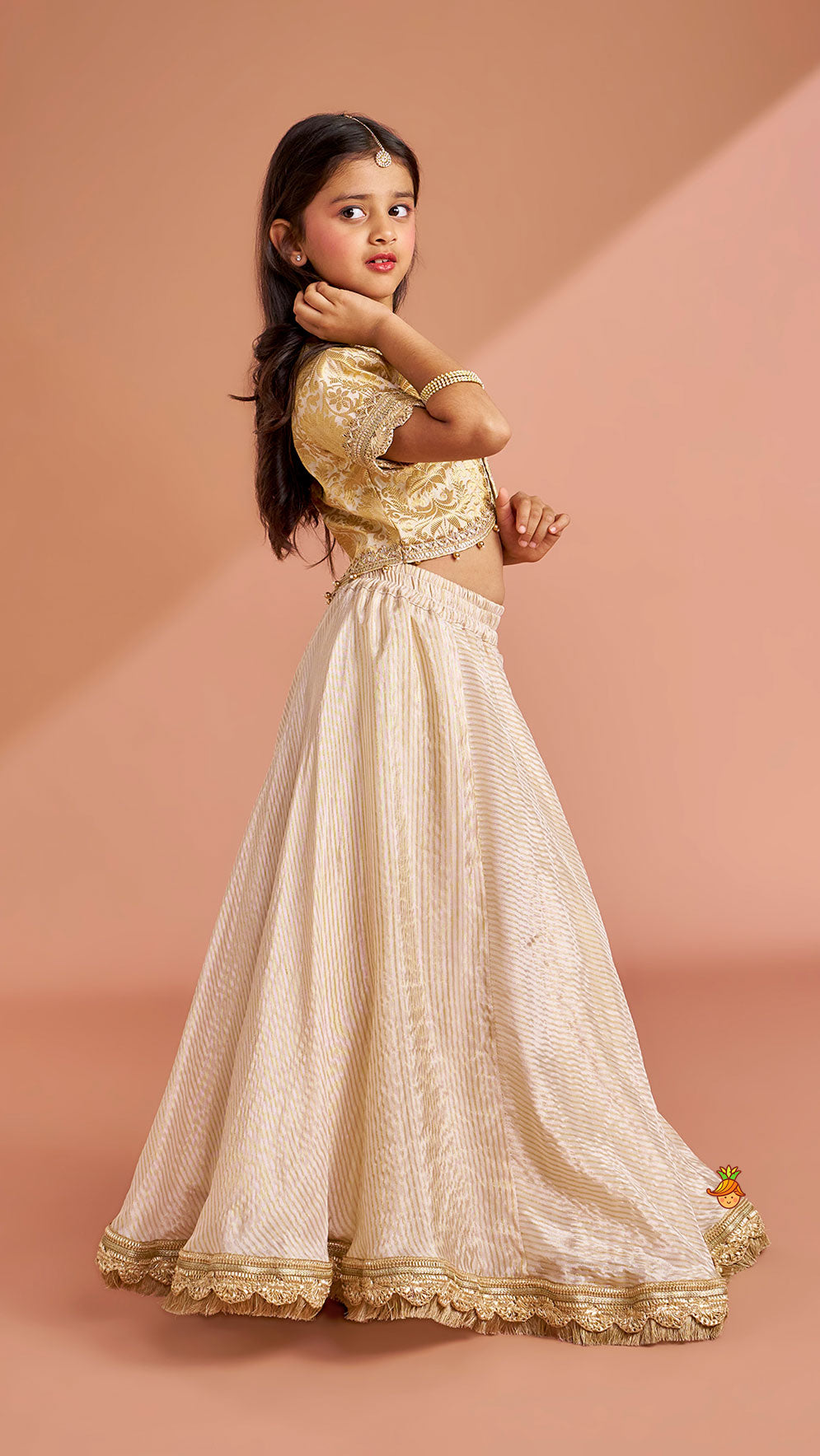 Brocade High-Low Top And Lehenga With Gota Lace Work Dupatta