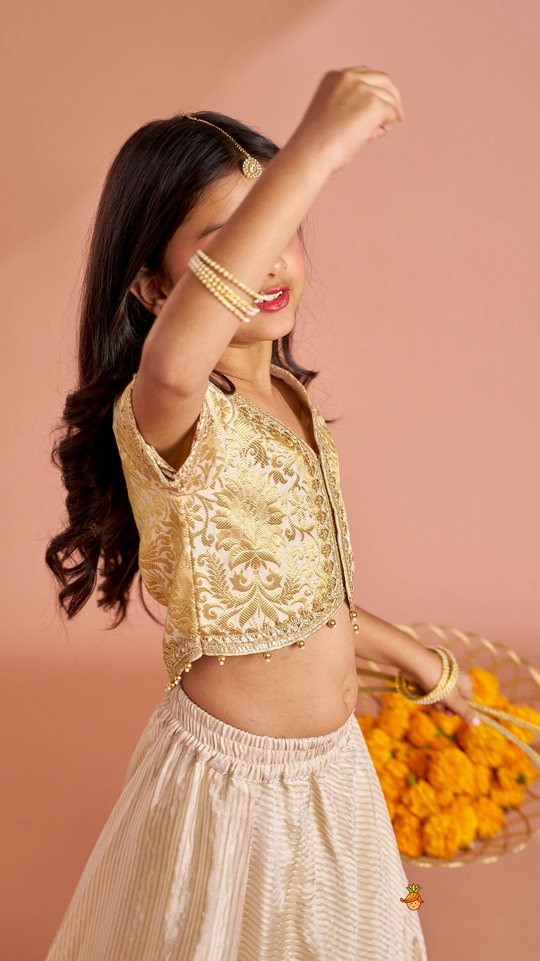 Brocade High-Low Top And Lehenga With Gota Lace Work Dupatta