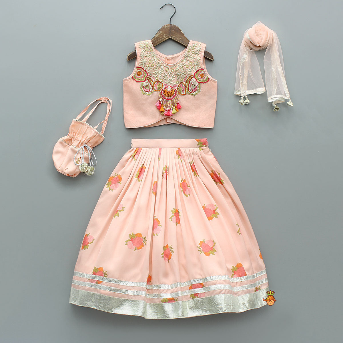 Fringe-Detailed Embroidered Top With Lehenga And Net Dupatta With Matching Potli Bag