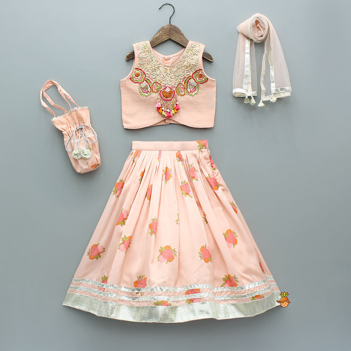 Fringe-Detailed Embroidered Top With Lehenga And Net Dupatta With Matching Potli Bag