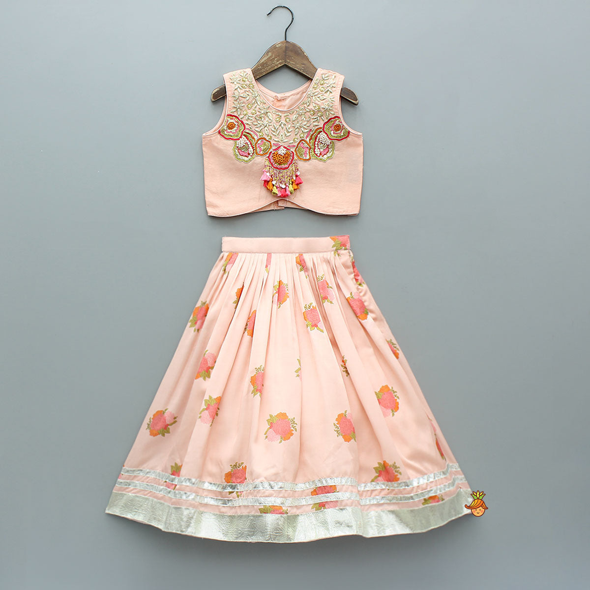 Fringe-Detailed Embroidered Top With Lehenga And Net Dupatta With Matching Potli Bag