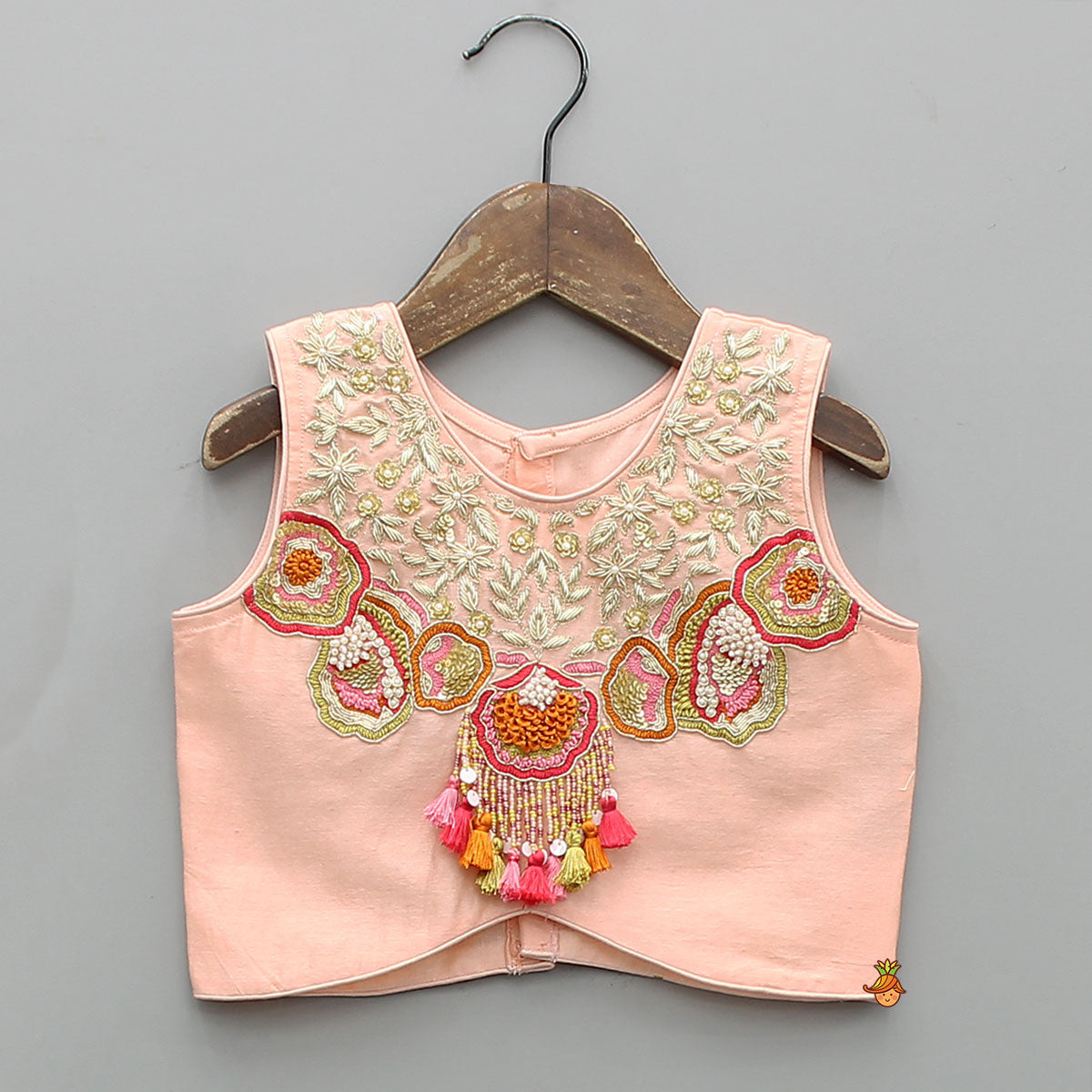 Fringe-Detailed Embroidered Top With Lehenga And Net Dupatta With Matching Potli Bag