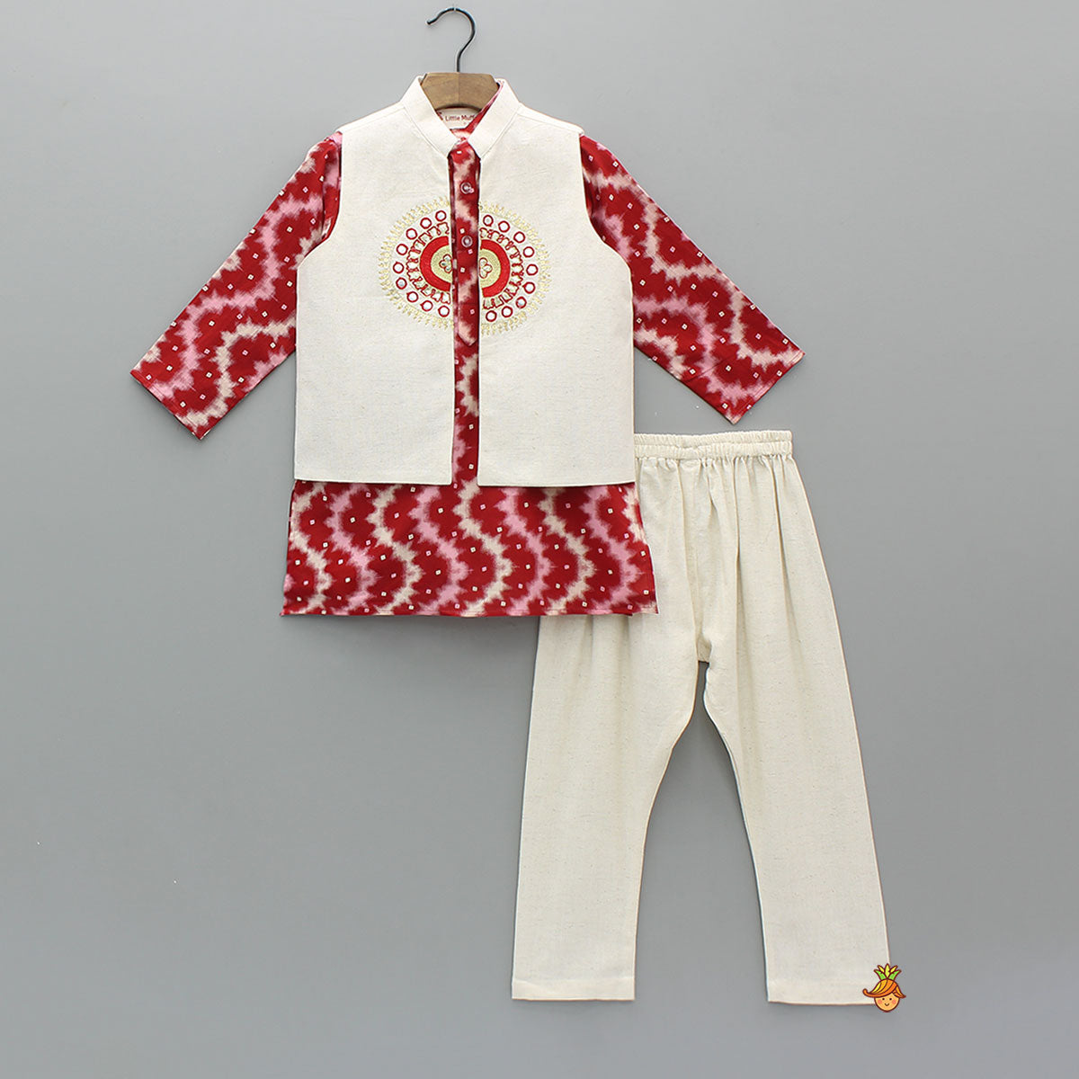 Tie-Dye Effect Printed Kurta With Embroidered Jacket And Churidar