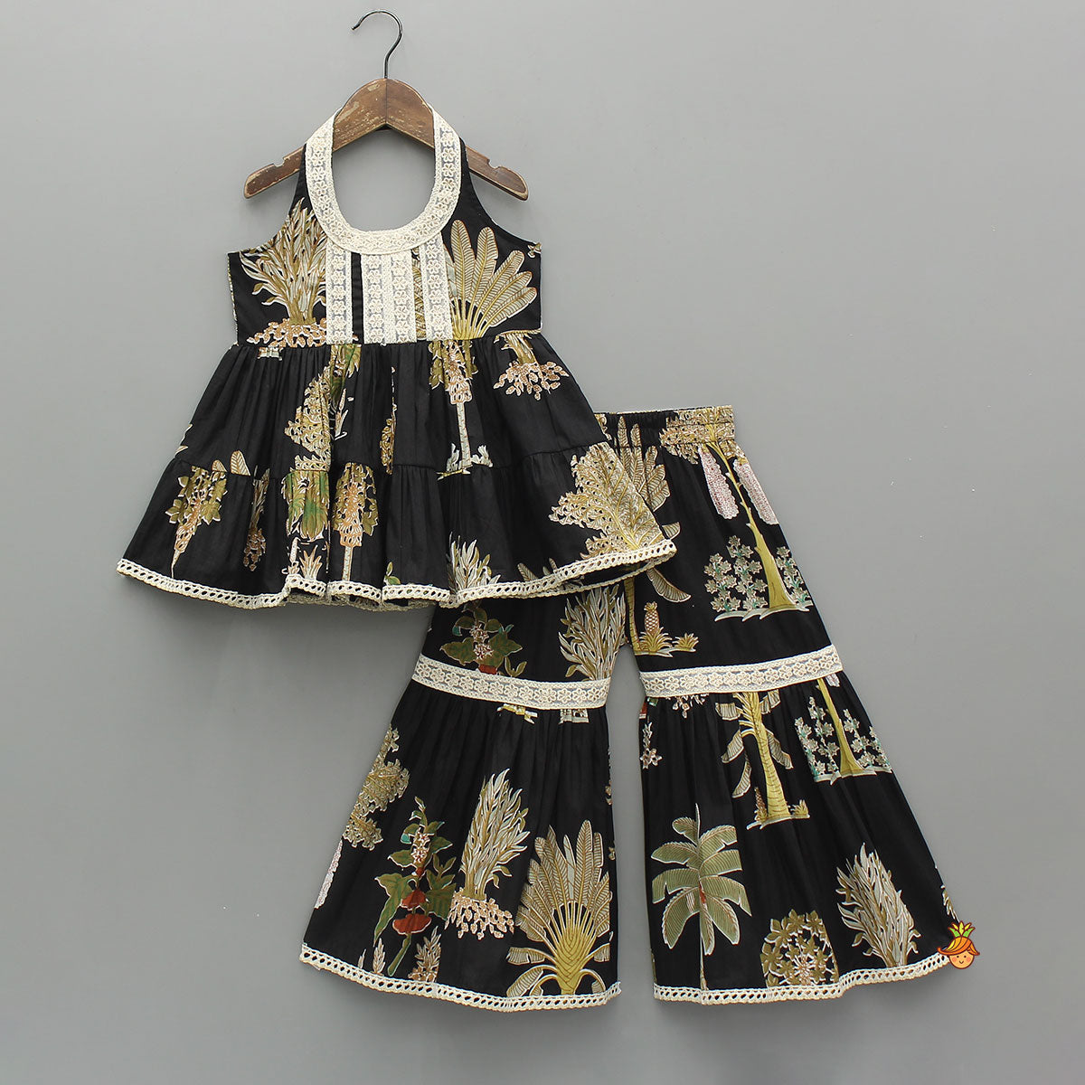 Floral Lace-Detail Halter Neck Kurti And Sharara