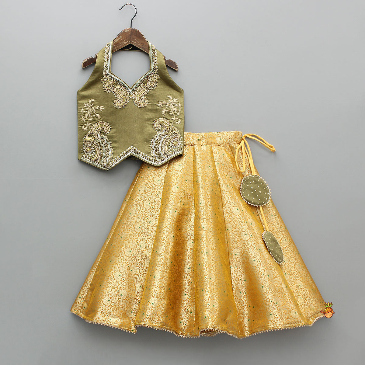 Halter Neck Paisley Embroidered Stylish Top With Brocade Lehenga
