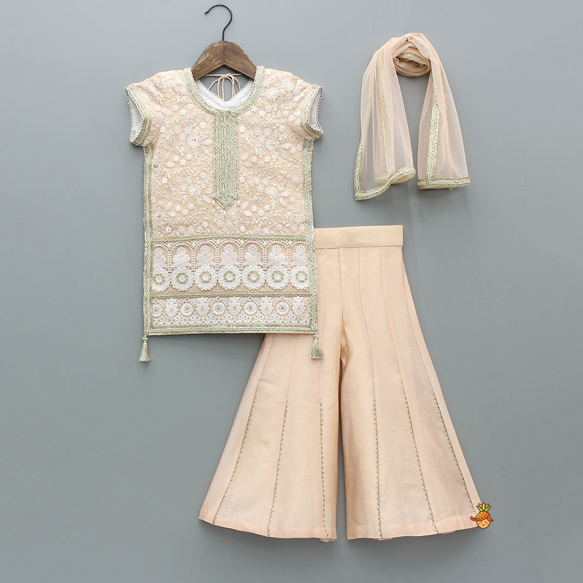 Exquisite Embroidered Lace Detailed Kurti With Palazzo And Dupatta