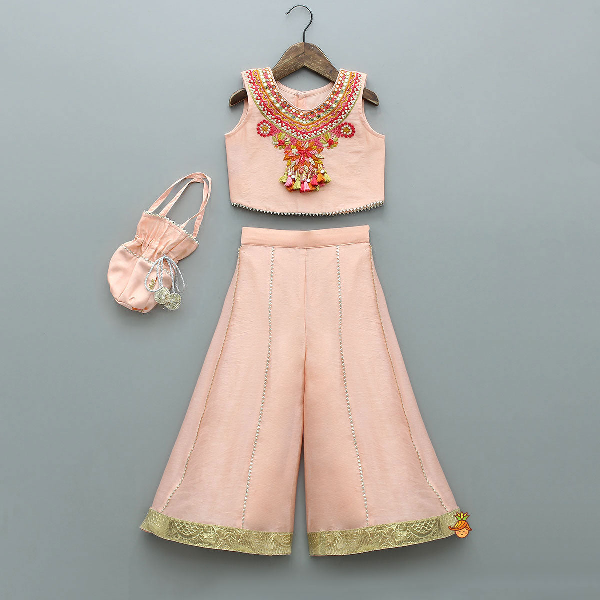 Faux Mirror Embellished Stylish Sleeveless Top With Palazzo And Potli Bag